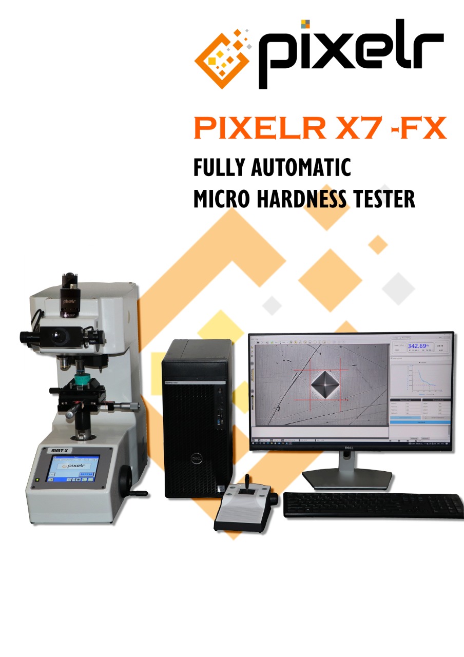 Pixelr presents Pixelr HT X7 Microhardness Tester for automatic measurement of hardness in metals and other materials. This modular system can accommodate load ranging from 1gf to 3000 gf in 12 steps. All parameters of HT X7 is fully controlled though LCD touch panel as well as from the software which enables to perform the test with preset parameters in automatic mode. Parameters like loading, magnification change, load change, light intensity change, change of indenter etc.. It can perform automatic hardness measurement in Vickers, Knoop and Brinnel scales.